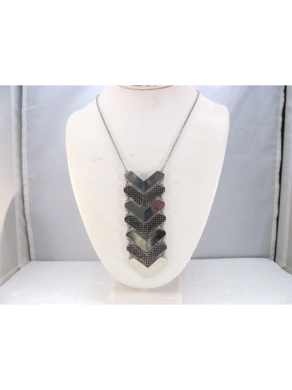 Chevron Statement Necklace with Silver Tone Metal Black Detail Adjustable Chain
